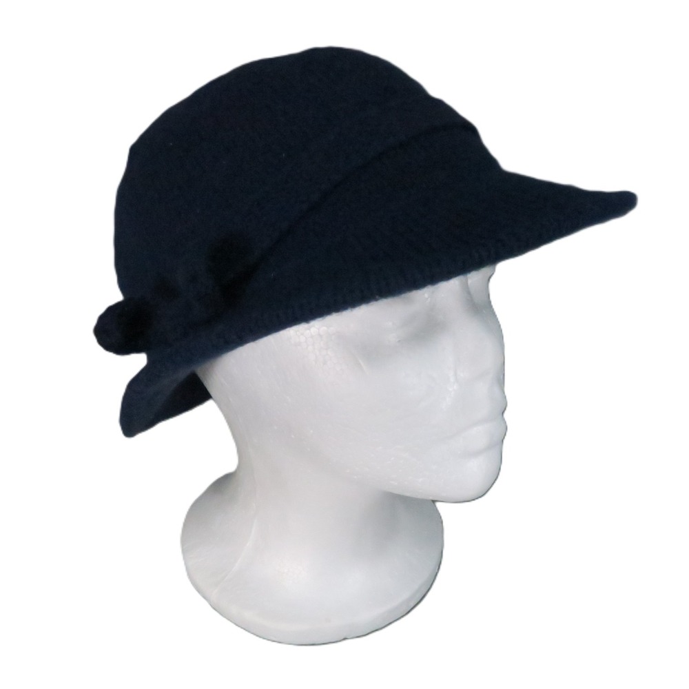 Isotoner Weather Shed Knit Cloche Hat OS Navy Bucket Visor Bow Lined USA Vintage